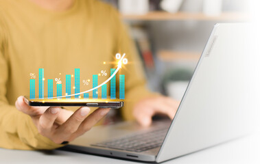 Interest rate, Dividend yield concept, businessperson calculating profits and costs Investment strategies long-term growth, Retirement planning, compensation fund, Saving targets, Stock market returns