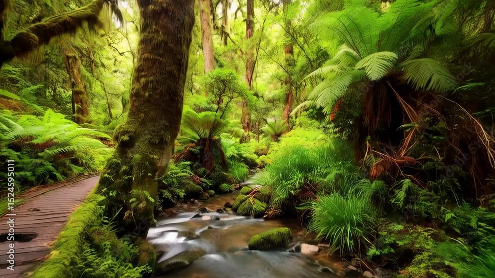 Poster serene rainforest stream flowing beside mossy footpath with lush greenery and fern trees in a vibran