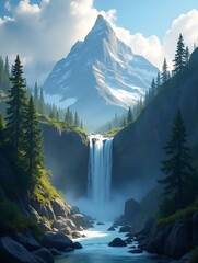 Awe-inspiring mountain landscape and waterfall