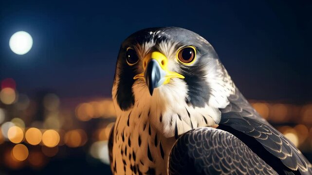 Majestic falcon portrait with striking plumage against a blurred cityscape and a bright moon in the night sky backdrop.