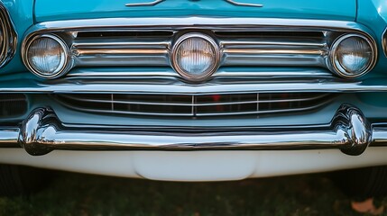 Nostalgic front view of a vintage classic car with a light blue exterior color