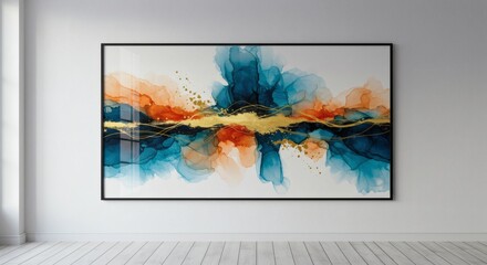 Abstract Teal Orange Gold Ink Art Print, Large Modern Wall Decor