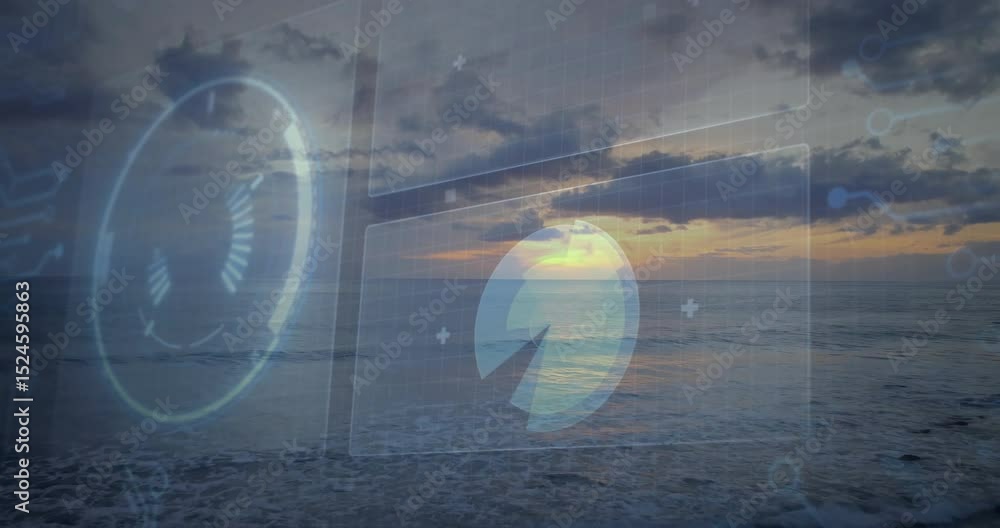 Poster dusk beach scene opening, gauge and code panel fading in while pie chart rotating for analytics