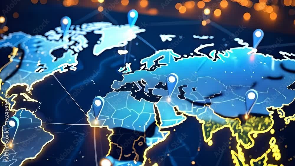 Poster stylized world map with location pins and connecting lines, digital global network concept