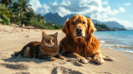 Cute cat and golden retriever dog resting peacefully together on a sunny beach. They gaze at the ocean, enjoying a tranquil vacation moment. Blurred sea and mountain backdrop with warm summer light.

