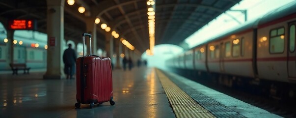 A lone suitcase sits on a deserted train platform, signifying departure and the end of a journey The focus is on the emotional weight of leaving behind a shared life , broken heart, end, sadness