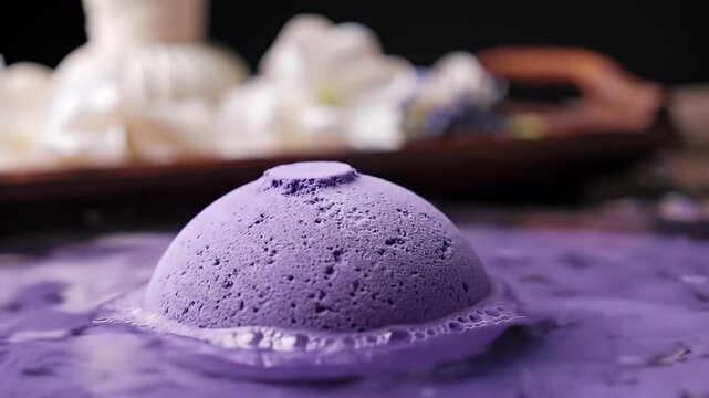 Purple Bath Bomb Melts in Bathwater with Spa Accoutrements on Wood Tray with Relaxing Atmosphere for Website Promotions and Social Media Posts