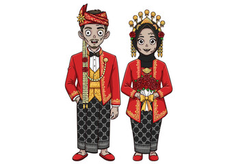 Fototapeta premium Traditional Indonesian Wedding Attire Exquisite Illustration of a Javanese Couple in Festive Red and Gold Clothing