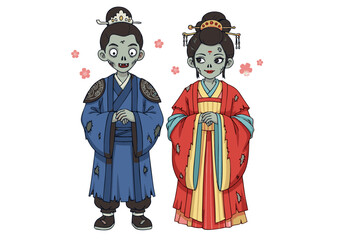 Adorable Zombie Couple in Traditional Chinese Clothing A Cute and Spooky Halloween Illustration
