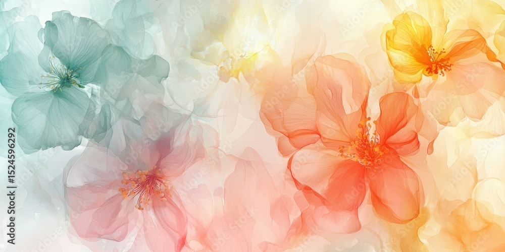 Poster a watercolor-style sequence of flowers blooming and merging into abstract forms