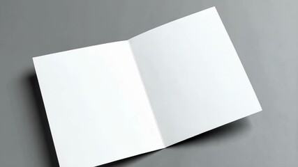 Blank white greeting card or invitation laying open on a flat grey surface, crisp and clean, ready for your personal touch.