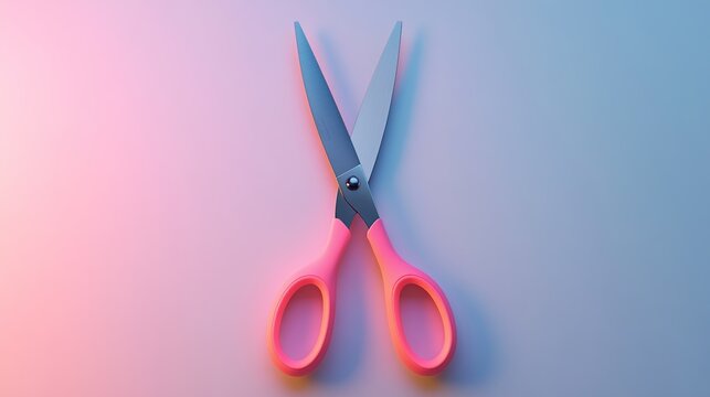 Pink-handled scissors on a gradient background, illuminated by soft, contrasting pink and blue light, creating a minimalist aesthetic