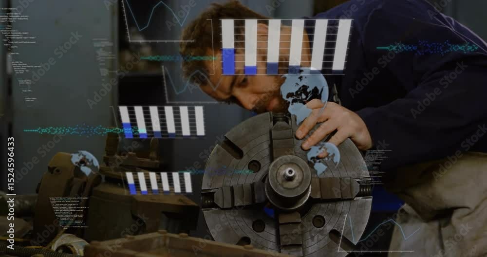 Aufkleber Technician turning lathe chuck triggers charts and streams while aligning workpiece in machine shop