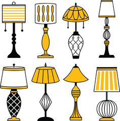 Collection of eight stylish lamps with yellow and white shades