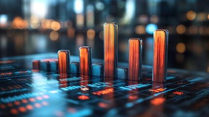 Sleek, colorful glass bar chart on a modern reflective tabletop, set against a blurred urban cityscape. Symbolizes business growth, analytics, innovation, and data-driven success with a futuristic tou