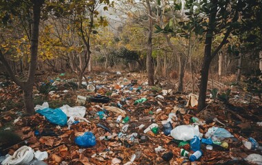 Obraz premium Trash scattered on the ground in the forest, Forest pollution
