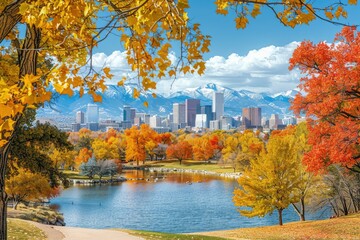 Premium Quality Picture of Panoramic View of Downtown Denver with Rocky Mountains