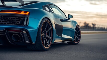 Sleek blue sports car poised on the tarmac, showcasing power and elegance