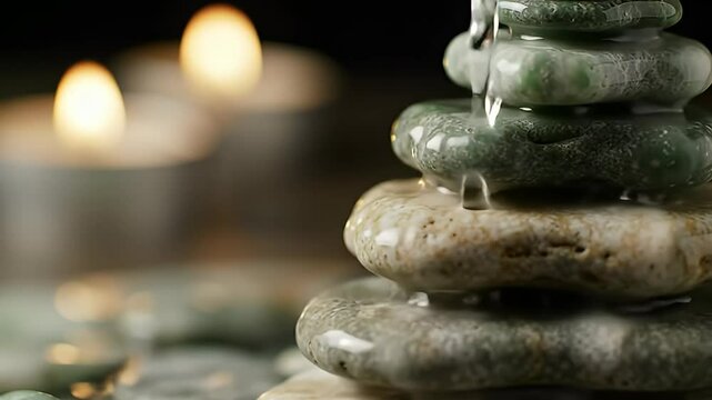 Stacked Stones with Flowing Water and Dim Candles a Relaxing Spa Scene Featuring Smooth Pebbles in Balanced Harmony for Well Being