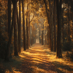 Fototapeta premium Tall tamarind trees stretching skyward, golden leaves drifting gently to the forest floor, forming a glowing path along a narrow trail, soft golden sunlight pouring through the canopy.