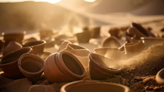 Scattered terracotta pots sit on arid sand dunes, evoking archeological site, warm color palette, and desert environment in sunny weather