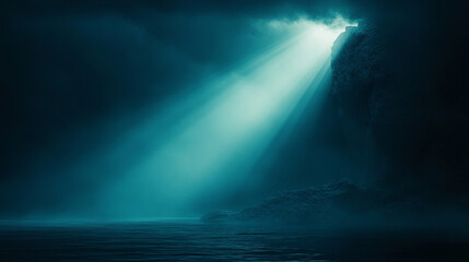 A dramatic dark cliff emerges from shadow as a single ray of light pierces through, highlighting textures and steep edges. Symbolic of hope, revelation, and the power of nature’s illumination.

