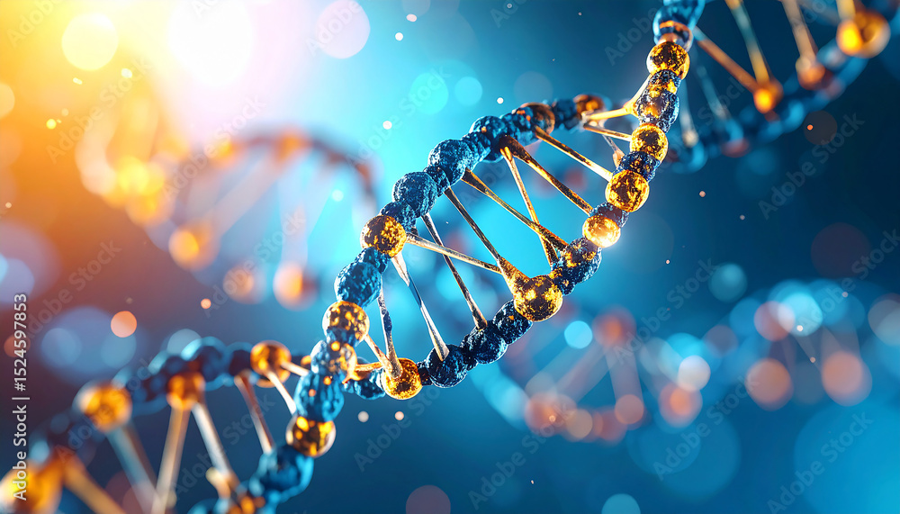 Poster dna strand in futuristic display: a detailed 3d representation of a dna strand shines against a grad