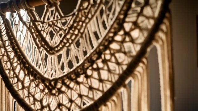 Detailed shot of an elaborate beige macrame wall hanging with decorative fringe and geometric patterns in a sunlit interior.