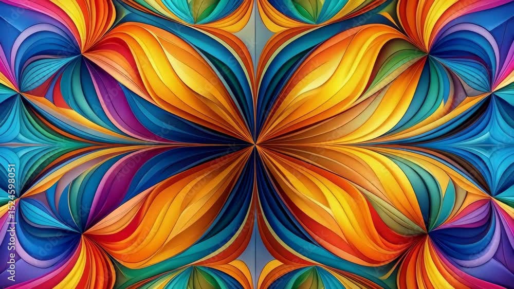 Poster kaleidoscopic symmetrical pattern with vibrant waves of rainbow colors and smooth transitions creati