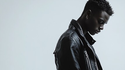 A young Black man with short, curly hair, wearing a black leather jacket, gazes downward in a profile view against a muted gray backdrop.  His expression is pensive