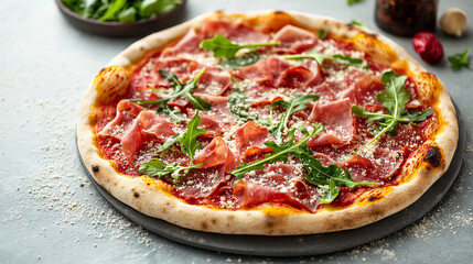 Delicious gourmet pizza topped with prosciutto, parmesan flakes, fresh arugula, and tomato sauce. Served on a white tabletop with empty caption space. Authentic Italian cuisine, elegant presentation. 