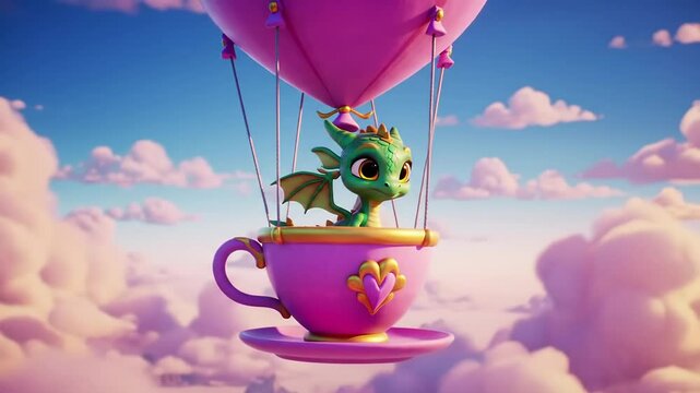 Cute dragon in a teacup hot air balloon flying in a pastel pink and purple cloud sky whimsical digital illustration