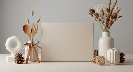Elegant Mockup Still Life with Dried Flowers, Wooden Utensils, Box, and Beige Color Palette