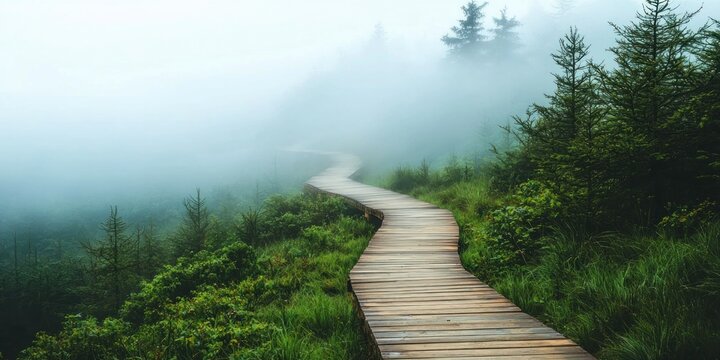 A wooden boardwalk along a fog-covered mountainside, leading into an unknown adventure
