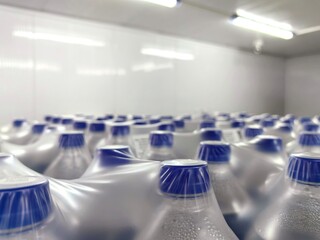 rows water bottles are neatly arranged and wrapped in plastic in cold storage area. bright white...