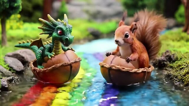 Cute miniature dragon and squirrel figurines on acorn boats in a rainbow stream diorama
