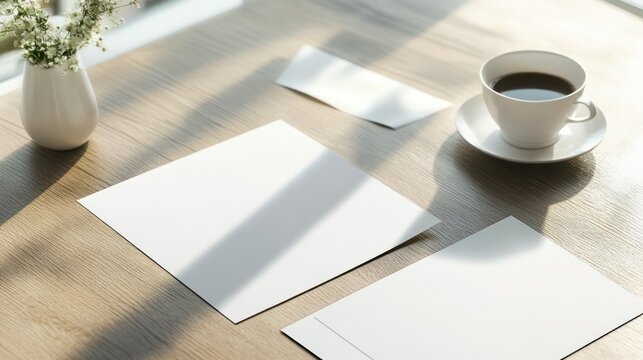 Blank stationery and coffee on a light wooden table