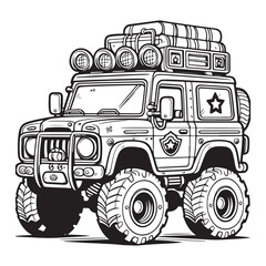 Cartoon funny off road truck suitable for coloring pages - vector illustration