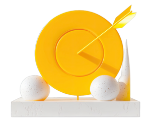 Bright yellow target with arrow, flanked by white orbs