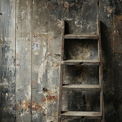 A close-up of a ladder with worn steps, resting against a workshop wall 