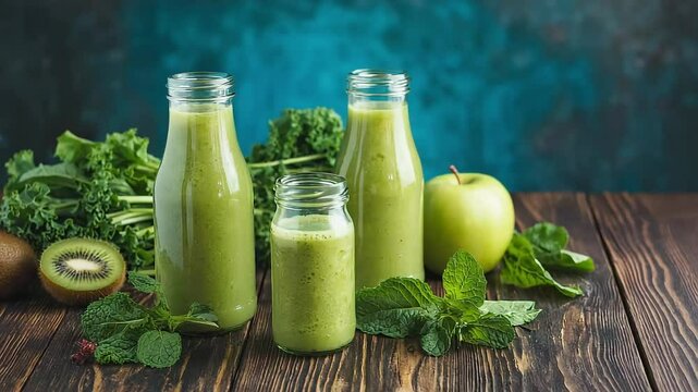 Refreshing Green Smoothie Bottles with Kiwi, Kale, and Apple