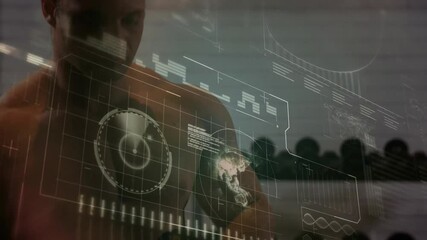 Sensor activating holographic gym interface while athlete tracking globe metrics for performance - Powered by Adobe