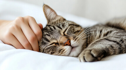 Obraz premium Female hand gently caresses a peacefully sleeping tabby cat on white background. Captures pet care, love, comfort, trust, and bonding. Warm, peaceful emotion of human-animal connection and care.