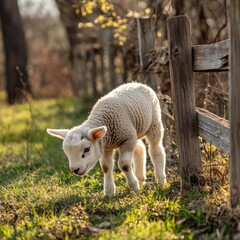 Obraz premium A lamb gently grazing near a wooden fence on a sunny afternoon 