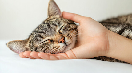 Female hand gently caresses a peacefully sleeping tabby cat on white background. Captures pet care, love, comfort, trust, and bonding. Warm, peaceful emotion of human-animal connection and care.