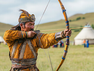Archer in traditional Mongolian costume pulling back his bow during Naadam Festival. Target set in the distance on open grassland.