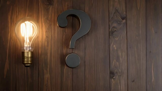 Illuminated vintage lightbulb next to large question mark on a dark wood textured background for creative problem solving concepts