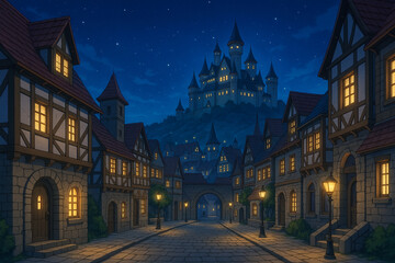 中世ヨーロッパ風の夜の町