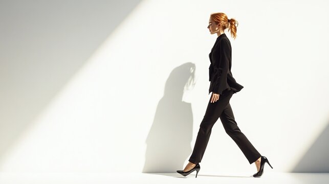 Redhead woman in black pantsuit walks, cast shadow against a bright white wall, sunlight streams from left