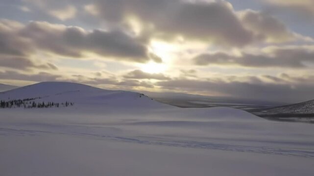 Majestic winter landscape under cloudy sky snowy hills soft light and shadows